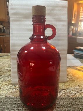 Vintage Red Glass Bottle Jug with Cork Stopper